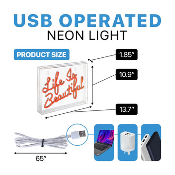 Life is Beautiful Contemporary Glam Acrylic Box USB Operated LED Neon Light - JONATHAN Y